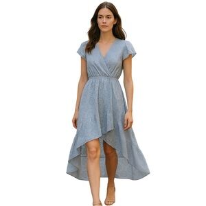 Valentina Naldi Cotton Blue Eyelet Lace Print High Low  Dress V-Wrap Neckline